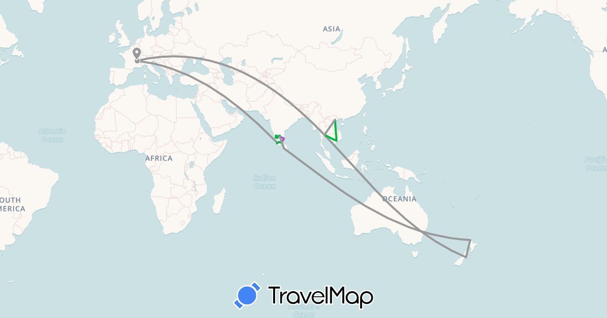 TravelMap itinerary: bus, plane, train, hiking, boat in France, India, Cambodia, Sri Lanka, New Zealand, Thailand, Vietnam (Asia, Europe, Oceania)